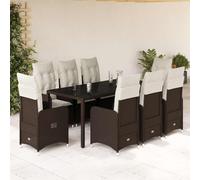 QJBSAVVA 9 pezzi mobili da giardino in rattan PE per balcone e terrazza 190 x 90 x 75 cm con 8 sedie regolabili e piano in vetro bianco crema marrone robusto per piccoli balconi giardino lounge