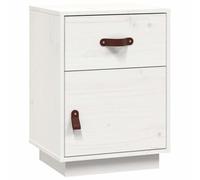 QJBSAVVA Comodino Bianco 40x34x55 cm in Legno Massello di Pino | Mobiletto per camera da letto con cassetto, anta reversibile a sinistra o destra e maniglie in similpelle.