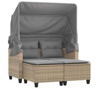 QJBSAVVA Divano da giardino a 2 posti con tetto e 2 sgabelli, set da giardino in rattan sintetico, con cuscino per la schiena, per esterni, per terrazza e balcone, 123 x 65 x 155 cm, beige