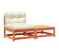 QJBSAVVA Divano da giardino con cuscino e sgabello, divano modulare da esterno in legno massello di pino, set da 2 pezzi, per giardino e terrazza, comoda espansione di mobili da giardino, marrone cera