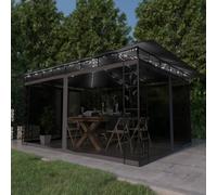 QJBSAVVA Gazebo 4 x 3 x 2,73 m, antracite con zanzariera e catena luminosa a LED controllata a energia solare, telaio in acciaio verniciato a polvere, copertura per barbecue, giardino, eventi e
