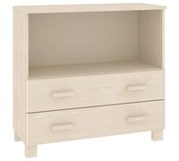 QJBSAVVA Hamar, credenza marrone miele, 85 x 35 x 80 cm, in legno massello di pino con 2 cassetti e scomparto, credenza alta per soggiorno e corridoio, cassettiera rustica