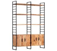 QJBSAVVA Libreria 124 x 30 x 180 cm, in legno di acacia e ferro, design industriale, 6 scomparti, 4 porte, per soggiorno, ufficio, corridoio