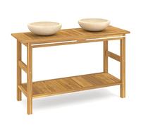 QJBSAVVA Mobile Bagno Doppio Lavabo in Marmo e Legno Teak 132cm | Struttura sottolavabo con 4 gambe stabili e portasciugamani integrato. Soluzione ideale per il bagno padronale.