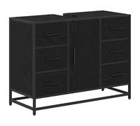 QJBSAVVA Mobile Bagno Rovere Nero 80x33x60 cm con Cassetti e Anta | Mobiletto universale per bagno e lavanderia con sei pratici cassetti, anta capiente e robuste gambe in acciaio nero.