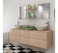 QJBSAVVA Mobile Bagno Salvaspazio con Lavabo e Specchio, Set 9 Pezzi Beige con Rubinetto Argento per Ottimizzazione Spazio Piccoli Bagni