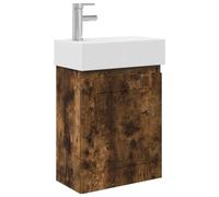 QJBSAVVA Mobile Bagno Sospeso con Lavabo e Miscelatore Rovere Fumo 45cm | Mobiletto salvaspazio da parete con annesso lavandino ceramico bianco, anta reversibile e vano contenitore per toilette.