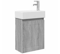 QJBSAVVA Mobile Bagno Sospeso con Lavabo e Rubinetto 45.5x25.5x84cm | Soluzione salvaspazio a parete per bagno di servizio o toilette moderna con vano contenitore e finitura grigio sonoma.