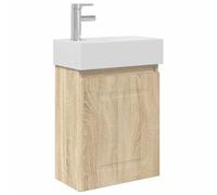 QJBSAVVA Mobile Bagno Sospeso con Lavabo e Rubinetto Rovere Sonoma | Mobiletto lavamani salvaspazio da parete per bagno piccolo, con porta reversibile e miscelatore incluso in finitura rovere.