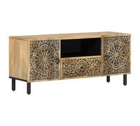 QJBSAVVA Mobile per TV in stile retrò, 105 x 33 x 46 cm, in legno massello di mango con motivo floreale intagliato a mano, gambe in ferro, ampio spazio di archiviazione, moderno basso per soggiorno e