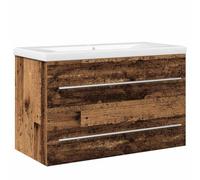 QJBSAVVA Mobile sottolavabo con lavabo da 80 cm, montaggio a parete, effetto legno anticato, mobile da bagno con 2 cassetti, design moderno, lavabo in ceramica con rubinetto