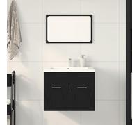 QJBSAVVA Set 2 Pezzi Mobile Bagno Salvaspazio Rovere Nero in Legno Multistrato con Specchio Vanità per Ottimizzazione Spazio Sottolavabo
