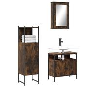 QJBSAVVA Set 3 Pezzi Mobili Bagno Salvaspazio in Legno Multistrato Rovere Fumo con Mobile Sottolavabo, Mobile Specchio e Armadietto - Ampio Spazio Conservazione per Bagno
