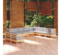 QJBSAVVA Set da 10 pezzi da giardino in legno di pino massiccio, 63,5 x 63,5 x 62,5 cm, con cuscino grigio, espandibile, robusto e moderno, per balcone, terrazza, giardino