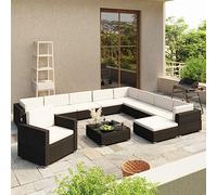 QJBSAVVA Set da 12 pezzi in rattan sintetico, colore nero, con cuscini bianchi panna, spessore 6 cm, per giardino, terrazza, balcone, design moderno, robusto e durevole per attività all'aperto