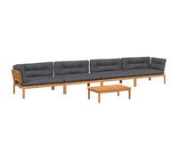 QJBSAVVA Set da 5 divani da giardino in legno di acacia, design in pallet, set lounge per esterni con 2 divani angolari, 2 divani centrali e tavolo da giardino, con cuscini per seduta e schienale