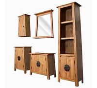 QJBSAVVA Set da Bagno 5 Pezzi in Legno Massello di Pino Mobiletto Sottolavabo Armadio Alto Laterale Pensile Specchio Salvaspazio Stile Retrò Facile Montaggio per Organizzare Accessori