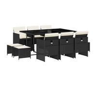 QJBSAVVA Set da pranzo da giardino, 11 pezzi, con cuscini, in polyrattan, per 10 persone, tavolo da pranzo con piano in vetro, sistema a cubi salvaspazio per giardino e terrazza