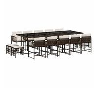 QJBSAVVA Set da pranzo da giardino, 15 pezzi, in polyrattan marrone, con cuscino, 275 x 106 cm, grande tavolo da giardino in vetro temperato, 10 sedie da giardino, 4 sgabelli, sistema a cubi