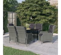 QJBSAVVA Set da pranzo da giardino, 7 pezzi, 140 x 70 cm, in acciaio/rattan PE, grigio chiaro, pieghevole, 6 poltrone con cuscino