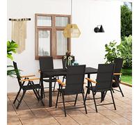 QJBSAVVA Set da pranzo da giardino, 7 pezzi, nero, marrone, 150 x 90 cm, con 6 sedie in rattan, schienale regolabile, resistente alle intemperie, in alluminio, vetro, per giardino, terrazza, balcone