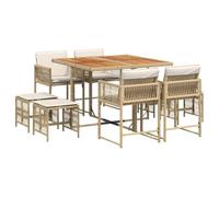 QJBSAVVA Set da pranzo da giardino con cuscini, in polyrattan, beige, design a cubi, tavolo da giardino con legno di acacia e 4 sedie da giardino e 4 sgabelli per terrazza e giardino
