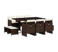QJBSAVVA Set da pranzo da giardino con cuscini, set di cubi in polyrattan, tavolo da pranzo con piano in vetro, 6 sedie da giardino pieghevoli, 4 sgabelli, marrone/nero, set salvaspazio per terrazza e