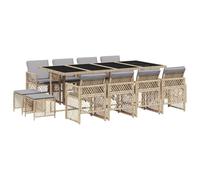 QJBSAVVA Set da pranzo da giardino da 13 pezzi, con cuscini, in polyrattan, design a cubi, 220 x 106 cm, con piano in vetro, 8 sedie da giardino e 4 sgabelli, per terrazza, giardino e esterni