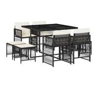QJBSAVVA Set da pranzo da giardino da 9 pezzi con cuscini, in polyrattan con sistema a cubi, set da giardino salvaspazio con tavolo in vetro, 4 sedie e 4 sgabelli, per terrazza e giardino, nero