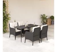 QJBSAVVA Set da pranzo da giardino nero, 5 pezzi, in rattan sintetico, 140 x 70 x 74 cm, con 4 cuscini e tavolo in vetro temperato, robusto e moderno, per balcone, terrazza e soggiorno all'aperto