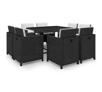 QJBSAVVA Set da pranzo da giardino nero, 9 pezzi, 109 x 109 cm, con 8 sedie pieghevoli, cuscini color crema, telaio in acciaio, piano in vetro, salvaspazio