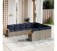 QJBSAVVA Set di 10 divani da giardino, grigio A, 480 x 62 x 69 cm, in rattan sintetico, con cuscino blu marino, ad angolo e centrale, piedini regolabili modulari, per giardino, terrazza, balcone