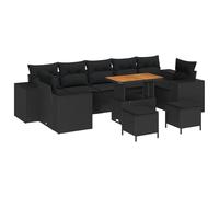 QJBSAVVA Set di 10 divani da giardino in polyrattan con vano portaoggetti, set di mobili da giardino componibili con tavolo, sgabelli e cuscini, set lounge per terrazza ed esterni, nero