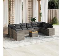 QJBSAVVA Set di 11 mobili da giardino grigio polyrattan, divano ad angolo, modulo per balcone, terrazza, giardino con tavolo in legno di acacia, spazio e cuscino, per esterni, piccolo risparmio di
