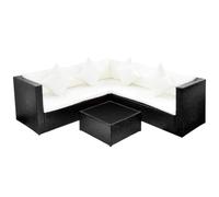 QJBSAVVA Set di 4 mobili da giardino in polyrattan nero, set modulare con 2 divani a due posti, divano angolare, tavolino da caffè con piano in vetro e cuscini per balcone e terrazza