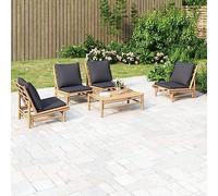 QJBSAVVA Set di 5 mobili da giardino in bambù per balcone e giardino, 100 x 55 cm, tavolino con cuscino grigio scuro, salvaspazio, modulare, per balcone, esterni, terrazza, campeggio