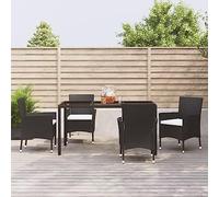 QJBSAVVA Set di 5 mobili da giardino in polyrattan nero, 150 x 90 x 75 cm, con 4 sedie e cuscini color crema, design moderno, robusto e durevole, per balcone, terrazza o piccolo giardino