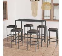 QJBSAVVA Set di 7 bar da giardino in rattan sintetico, 130 x 60 x 110 cm, con 6 sgabelli da bar e cuscini color antracite, per giardino, terrazza e piccolo balcone