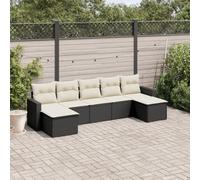 QJBSAVVA Set di 7 divani da giardino in polyrattan, colore nero, con cuscino in crema lavabile, spazio sotto la seduta, per giardino, terrazza, balcone e piccole terrazze sul tetto