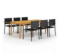 QJBSAVVA Set di 7 mobili da giardino in legno di acacia e rattan nero, 200 x 90 cm, set da pranzo con 6 sedie, design moderno, robusto e durevole, per balcone, terrazza e giardino
