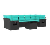 QJBSAVVA Set di 8 divani da giardino con cuscini, in polyrattan, nero e blu, mobili modulari con tavolo, tavolino con molle a gas, per giardino, terrazza e balcone