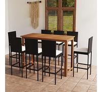 QJBSAVVA Set di 9 bar da giardino nero, 150 x 70 x 105 cm, tavolo in legno di acacia e 8 sgabelli da bar in rattan sintetico, con cuscino bianco crema, set di mobili moderni per esterni, per balcone