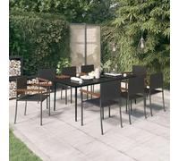 QJBSAVVA Set di 9 mobili da giardino nero, 200 x 100 x 74 cm, con 8 sedie in rattan sintetico e legno di acacia, design moderno, robusto e durevole, per balcone, terrazza e campeggio all'aperto
