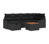 QJBSAVVA Set di divani da giardino con cuscini, set da 7 pezzi, in polyrattan nero, con tavolo in legno di acacia, modulare e con spazio per riporre oggetti, per giardino, terrazza, balcone e esterni