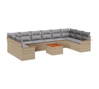 QJBSAVVA Set di divani da giardino da 11 pezzi, beige e grigio chiaro, mobili modulari in polyrattan e legno di acacia, elegante gruppo di sedute con spazio per il giardino e la terrazza, set da