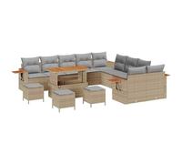 QJBSAVVA Set di divani da giardino da 18 pezzi, beige e grigio chiaro, set modulare in polyrattan con base in legno di acacia, cuscini e tavolo da pranzo, per terrazza e giardino, 289 x 289 cm
