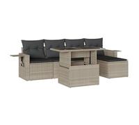 QJBSAVVA Set di divani da giardino da 6 pezzi con cuscino, grigio chiaro, in polyrattan, set modulare con tavolo regolabile in altezza e ripiani con molle a gas, per giardino, terrazza e balcone