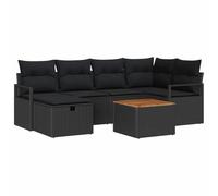 QJBSAVVA Set di divani da giardino da 7 pezzi con cuscini, in polyrattan e legno di acacia, profondità della seduta di 55 cm e spazio per riporre oggetti, per terrazza, balcone e giardino, per 6