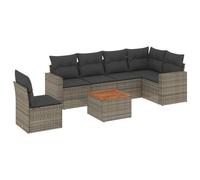 QJBSAVVA Set di divani da giardino da 7 pezzi con cuscini, set di mobili da giardino modulari in polyrattan, con tavolo in legno di acacia, per terrazza, balcone e giardino, grigio