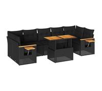 QJBSAVVA Set di divani da giardino da 8 pezzi con cuscino, in polyrattan, modulare con vano portaoggetti, ripiano per molle a gas e braccioli in legno di acacia, per giardino, terrazza, balcone